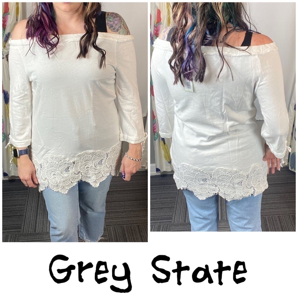 Grey State off shoulder lace trim sweatshirt white
